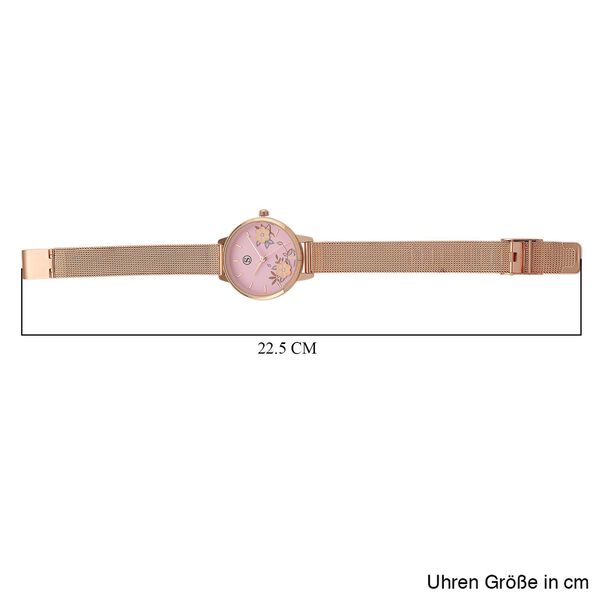 STRADA Uhr mit Japanischem PC21S Werk, Edelstahl-Mesharmband, florales Zifferblatt Rosa mit Wei&szlig;em Kristall, Ros&eacute;vergoldet image number 8