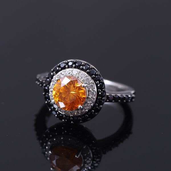Orange Sphalerit und schwarze Spinell Ring 925 Silber Platin-Überzug image number 2