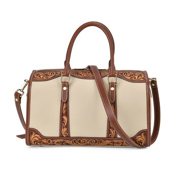 GRAND PELLE Elite Kollektion - Exklusive Handgravierte Leder-Handtasche mit Floralem Meisterwerk, 35 x 21 x 15 cm, Elfenbein