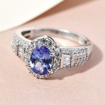 Tansanit und Zirkon Ring 925 Silber Platin  ca. 1,76 ct