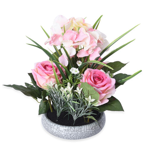 Rosa Rosen und Hortensien Blumentrauß im Keramiktopf image number 0