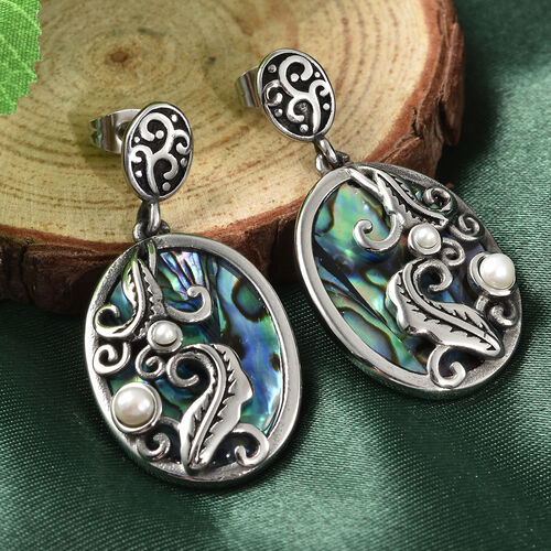 Abalone Muschel und Weiße Muschelkernperle Ohrringe Edelstahl ca. 3,40 ct image number 1