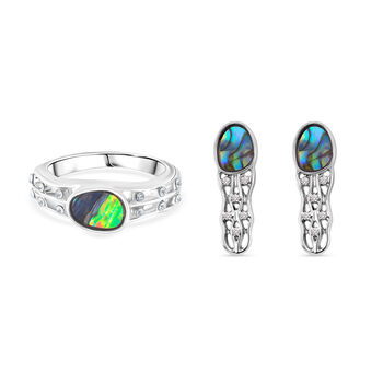 J Francis gefertigt mit SWAROVSKI- Abalone Muschel und wei&szlig;er Kristall Ring und Ohrringe