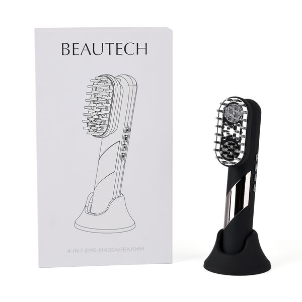 "Beautech 4 in 1 Hair massager - Black matt Power:3W Battery:1800mAh (included) Color: black matt Product Size :190.4*32*34.7mm Box Size: 27.5*15.6*5.2cm                                           Material: ABS+plastic Weight:607g 3 intensity of EMS 3 inte