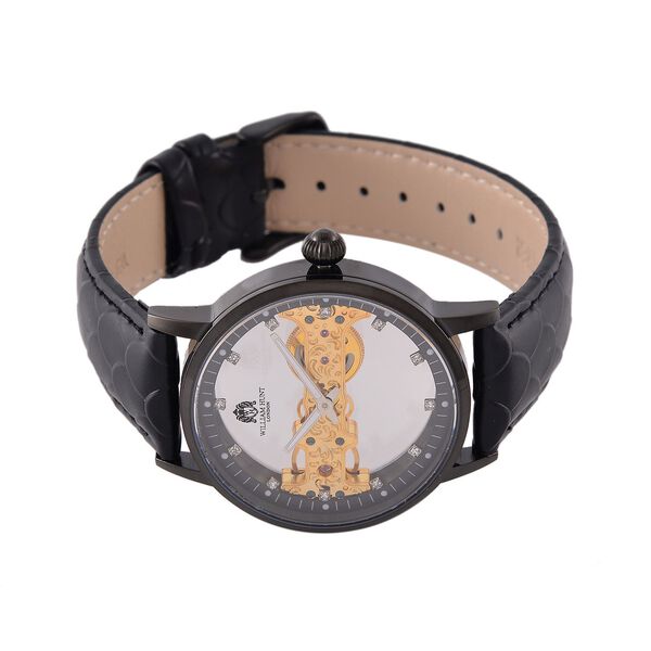 William Hunt Automatik-Uhr, Hohles Zifferblatt mit weißen Kristallen, Schwarz Lederarmband, 5ATM wasserdicht image number 4