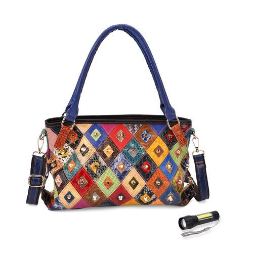 Chaos by Elsie Genuine Leather Crossbody Bag with RFID with Mini flash torch 1.Color:Multicolor Embossed crocdile shining doulbe  rhomboid pattern with studs Size: 36*10.5*21CM Handle drop:?cm             Wall: Genuine Leather Lining: Polyester image number 0
