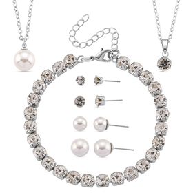 Weiße Muschelkernperle (8-12 mm), Weißer Kristall Schmuckset 316L Edelstahl, Nickelfreies Messing