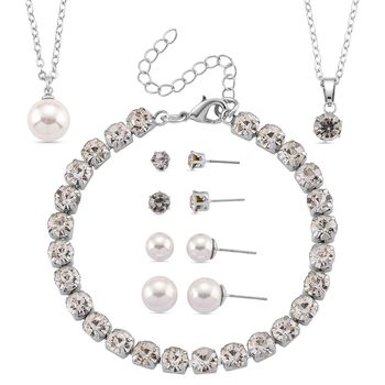 Wei&szlig;e Muschelkernperle (8-12 mm), Wei&szlig;er Kristall Schmuckset 316L Edelstahl, Nickelfreies Messing