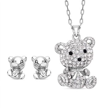 3er Set - Wei&szlig;er Kristall B&auml;ren-Anh&auml;nger mit Kette und Ohrringe, silberfarben
