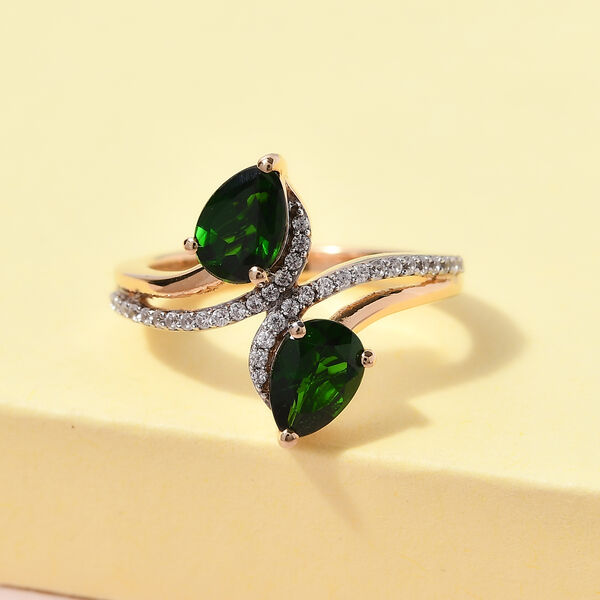 Nat&uuml;rlicher Chromdiopsid und Zirkon Bypass Ring 925 Silber vergoldet  ca. 1,87 ct image number 2