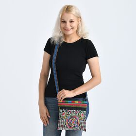 Blumen Stickerei Umhängetasche, verstellbarer Riemen, 23 x 24 cm, Schwarz