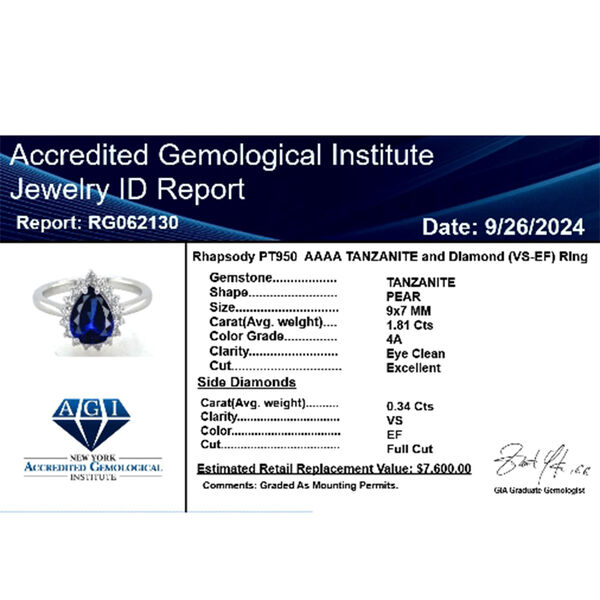 RHAPSODY zertifiziert und gepr&uuml;ft AAAA Tansanit und VS-EF Diamant Ring in 950 Platin - 2,15 ct. image number 8