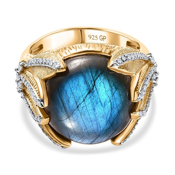 GP Italianische Garten Kollektion-AAA Labradorit, Wei&szlig;er Zirkon Ringe 925 Silber Gelbgold Vermeil (Gr&ouml;&szlig;e 19.00) ca. 14.08 ct