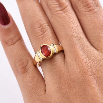 Djoy AAA Blaze Feueropal, Wei&szlig;er Zirkon Ring 925 Silber 750 Gelbgold Vermeil (Gr&ouml;&szlig;e 17.00) ca. 1,01 ct