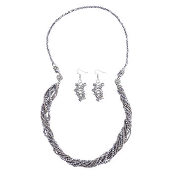 2er Set - Grau Kristall, Wei&szlig;er Kristall Halskette und Ohrringe