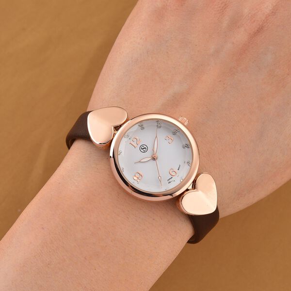 STRADA Uhr mit PC21S Japan-Uhrwerk, Edelstahl-Mesh-Armband, Roségold mit Kristallzifferblatt, Braun image number 2