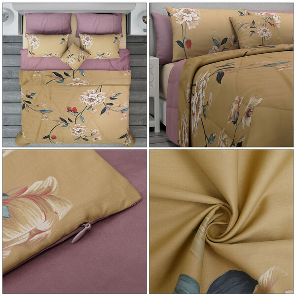 SERENITY NIGHT: 3er-Set - Seidensteppdecke und 2 Kissenbez&uuml;ge, Blumenmuster, Senf und Mauve&nbsp; image number 4