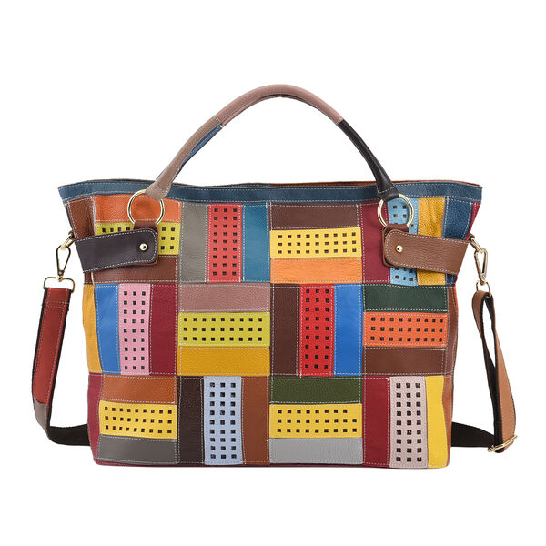 Chaos by Elsie: Patchwork Schultertasche aus 100% echtem Leder mit RFID Schutz, Gr&ouml;&szlig;e 43x15x32 cm, Mehrfarbig