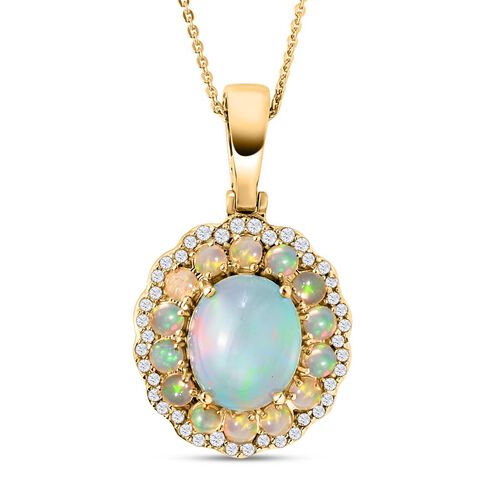 AA natürlicher, äthiopischer Welo Opal und floraler Zirkon-Halo-Anhänger mit Kette in Silber image number 0