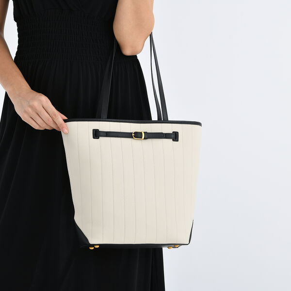 Tragetasche aus echtem Leder mit dekorativer Schnalle und zwei Griffen, 25&times;11&times;32 cm, Wei&szlig; image number 2