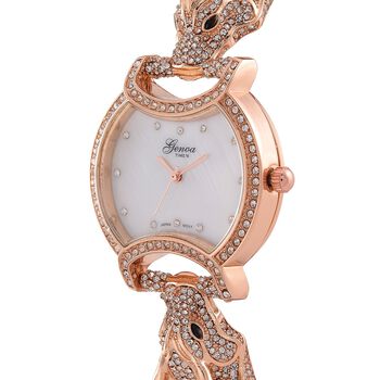 GENOA TIME V2 Kristall Uhr mit japanischem Miyota-Uhrwerk und rotem Lederarmband in Ros&eacute;goldton, 24cm