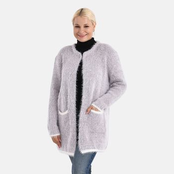 Kuschelweicher, langer &Uuml;bergangs-Cardigan mit 2 Taschen, gestrickt, Lila