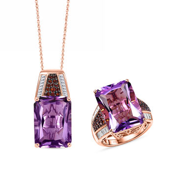 D'Joy Rose De France Amethyst, Moissanit und Mosambik Granat Ring und Anh&auml;nger mit 50cm Kette