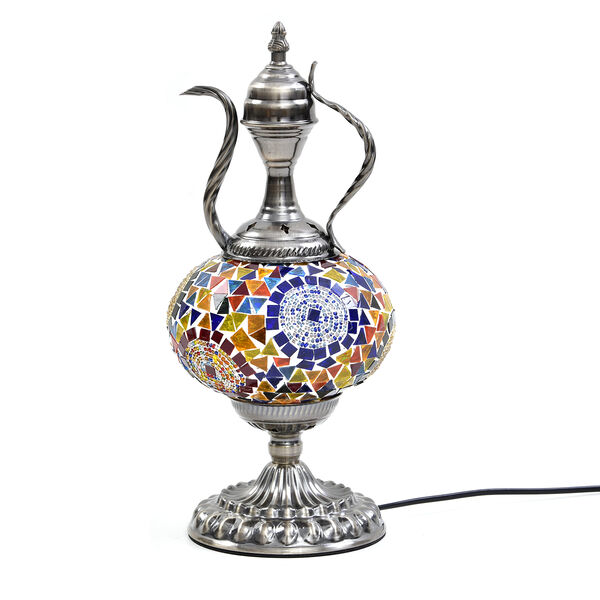 Handgefertigte, orientalische Mosaikglas Tischlampe in Weinkrugform, Gr&ouml;&szlig;e 18x18x34 cm, Kreise blau