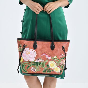 Bestickter Shopper, Kunstleder, Blumen Design, 46 x 15 x 28 cm, Orange