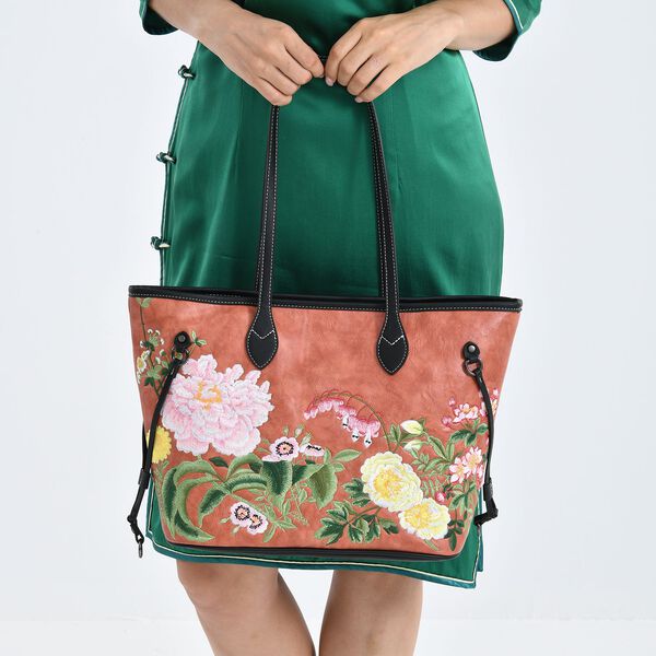 Bestickter Shopper, Blumen-Design, 46x15x28cm, Orange image number 4