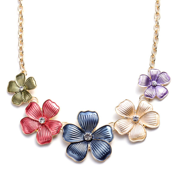 Mehrfarbige, emaillierte & wei&szlig;e Kristall Blumen-Halskette, ca. 50+2 cm lang, goldfarben image number 2