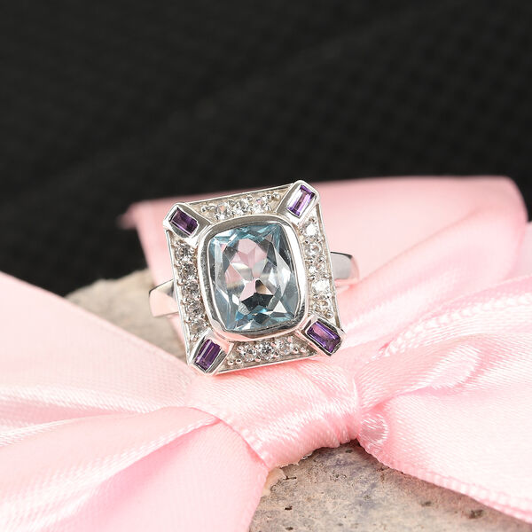 Schweizer Blautopas und Afrikanischer Amethyst Ring 925 Silber Platin-&Uuml;berzug image number 7