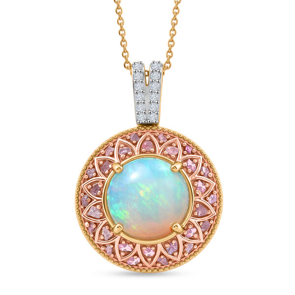 D'Joy AAA Nat&uuml;rlicher, &auml;thiopischer Welo Opal, Wei&szlig;er Zirkon Schmuckset ca. 50 cm 925 Silber 750 Gelbgold vermeil ca. 3.70 ct