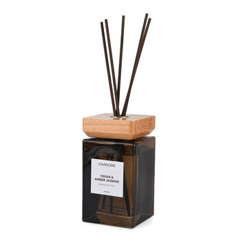 LIVMORE - Home Fragrance Kollektion - Raumduft Diffuser 500 ml Teeglas braun mit Holzdeckel 8 St&auml;bchen Duft Zeder Amber Jasmin Gr&ouml;&szlig;e 8.3 x 8.3 x 14.5 cm