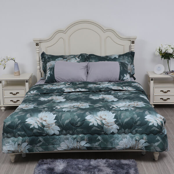 SERENITY NIGHT: 3er-Set - Bettdecke und 2 Kissenbez&uuml;ge, Blumenmuster, Dunkelgr&uuml;n-Schwarz und Wei&szlig;&nbsp; image number 2