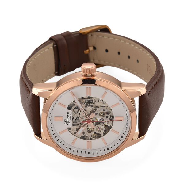 GENOA TIME V2 Automatikuhr mit mechanischem Automatikwerk, Zifferblatt weiß mit Sonnenschliff und offenem Design, Lederarmband Braun, 3 ATM wasserdicht image number 4
