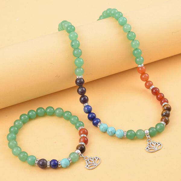 2er Set - Lotusbl&uuml;ten Anh&auml;nger Set mit Mehrfarbigen und Gr&uuml;ner Aventurin Edelsteinperlen Halskette und Armband image number 2