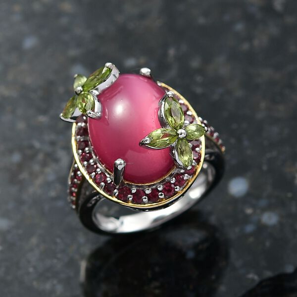 D'Joy Maulbeer Mondstein, Peridot Ring 925 Silber Rhodiniert und 750 Gelbgold Vermeil (Gr&ouml;&szlig;e 18.00) ca. 12,21 ct image number 2