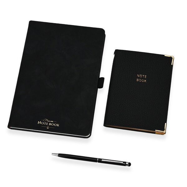 Premium-2er-Set; Notizbuch und Taschentagebuch mit geschnitztem, samtigem Hardcover und Kugelschreiber, schwarz