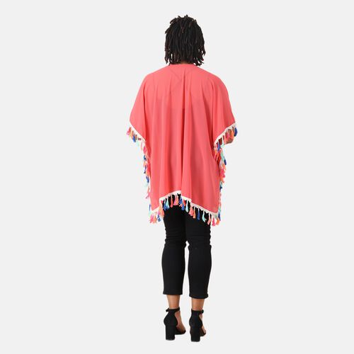 Chiffon Kimono mit mehrfarbigen Quasten, Einheitsgröße, Koralle image number 1