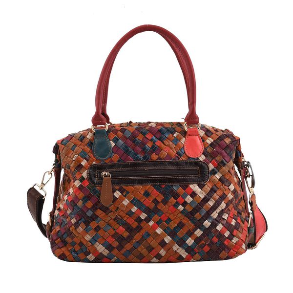 CHAOS BY ELSIE - Gewobene Umh&auml;ngetasche aus echtem Leder, 30x16x24 cm, Karomuster, rot