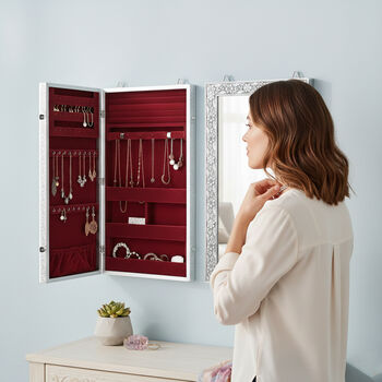 LIVMORE Schmuck Organizer mit Spiegel, Teakholz, 55,88 x 33 x 8,25 cm, Silberfarben