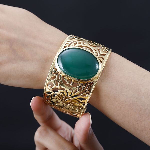 Gr&uuml;ner Onyx Armreif ca. 19 cm Reines Messing vergoldet ca. 65,14 ct. image number 3