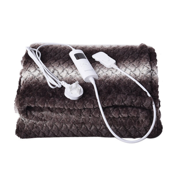 SERENITY NIGHT: Elektrisch beheizbare Kunstpelzdecke aus weichem, kuscheligem Pl&uuml;sch, 2-lagig, Streifenmuster, Braun &nbsp;