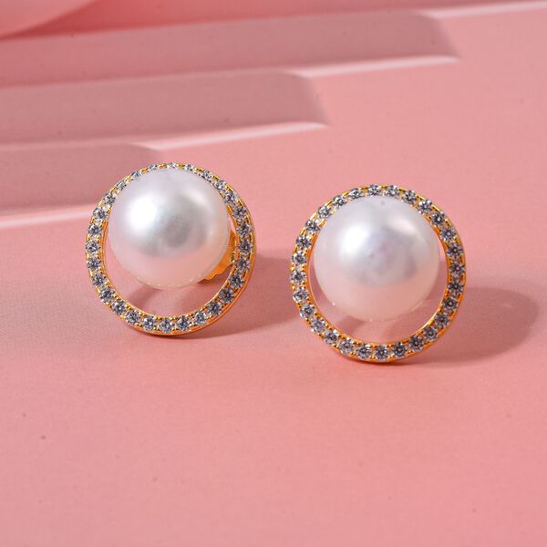 S&uuml;&szlig;wasser Perle (11 mm), Wei&szlig;er Zirkonia Ohrringe 925 Silber vergoldet image number 1