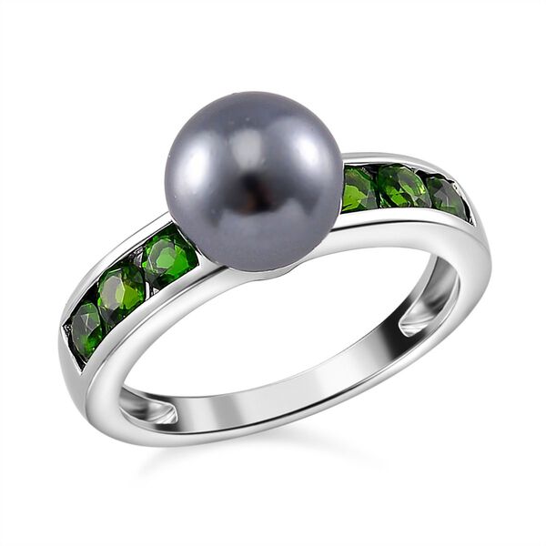 Tahiti Muschelkernperle, Natürlicher Chromdiopsid Ring 925 Silber platiniert (Größe 16.00) image number 0