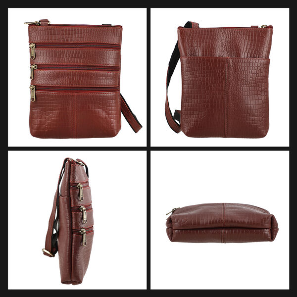 Echtleder Crossbody Tasche mit Kroko-Pr&auml;gung, Bordeaux image number 7