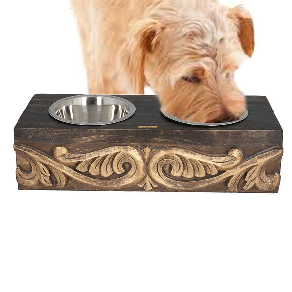 NAKKASHI - Handgeschnitzter Mangoholz Fressnapf mit Edelstahlschalen, 48x20x12,5 cm, Blumen image number 2