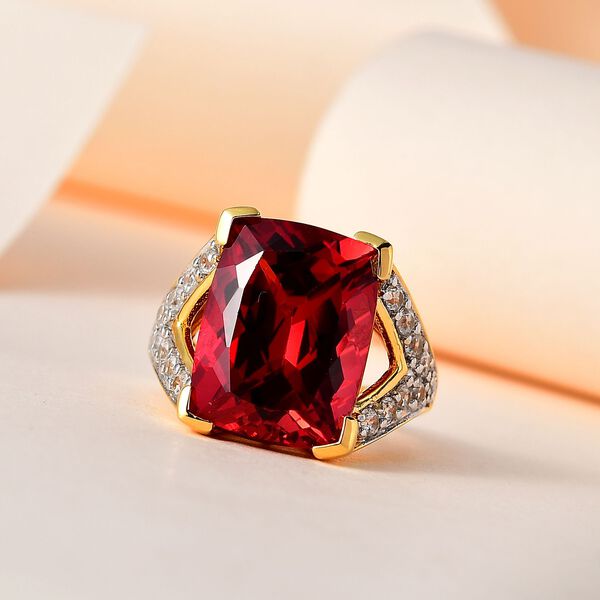 Lab Grown Padparadscha-Saphir, Wei&szlig;er Zirkon Ring, 925 Silber Gelbgold Vermeil, (Gr&ouml;&szlig;e 18.00) ca. 15.86 ct image number 9