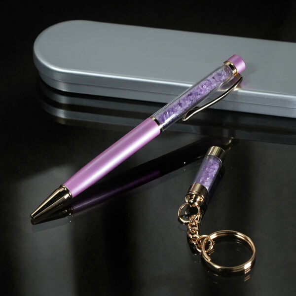 Premium Kollektion - Echter Amethyst-Kugelschreiber mit extra Mine und Schl&uuml;sselanh&auml;nger image number 2